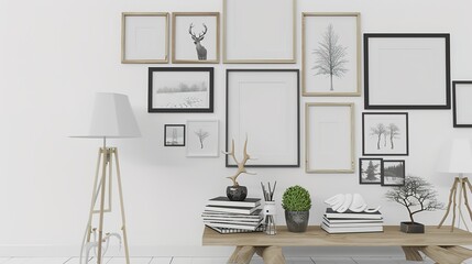Fototapeta premium Wooden Frame on Minimalist White Wall - an elegant and modern visual. The minimalist white wall and wooden frame create a sleek and stylish scene.