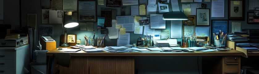 Naklejka premium A cluttered desk with papers, stationery, and personal items, suggesting a workspace.