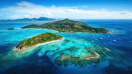 Naklejka premium Aerial View of Tropical Islands Surrounded by Vibrant Blue Waters, Lush Green Hills, and Sailboats Under a Bright Sky in the Caribbean