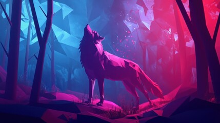 Wolf Howling in a Neon Forest