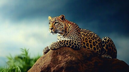 Majestic leopard perched on a rock surveying, its panoramic view, against dramatic sky.