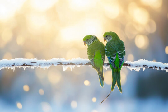 Two parakeets perched on snow-covered branch in winter sunset scene