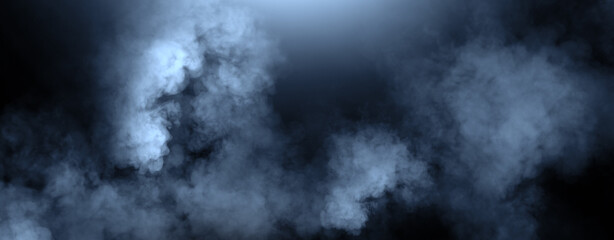Panoramic view blue misty fire smoke background. Abstract texture overlays for copyspace. Stock illustration.