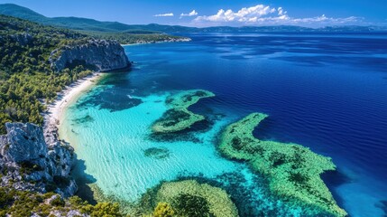 Fototapeta premium Aerial View of Serene Coastal Landscape with Crystal Clear Waters and Lush Greenery Along the Shoreline of a Stunning Tropical Paradise