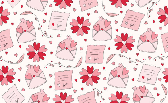 Funny Retro Groovy Valentines Day seamless pattern in trendy retro 70s style. Valentine background of cartoon character.  90s lovely elements, flowers. Valentine Day Pattern. Vector illustration.
