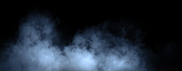 Panoramic view blue misty fire smoke background. Abstract texture overlays for copyspace. Stock illustration.