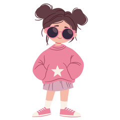 A flat vector illustration in a simple children's style. A cute fashionable girl in a sweatshirt and sunglasses. Vector illustration