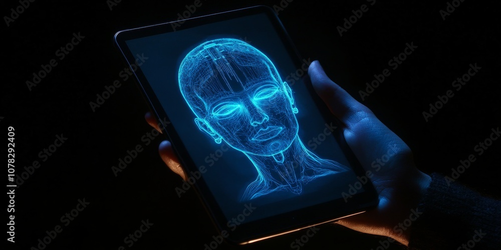 Poster hands hold a tablet showing a glowing head outline on a dark screen, representing the concept of art