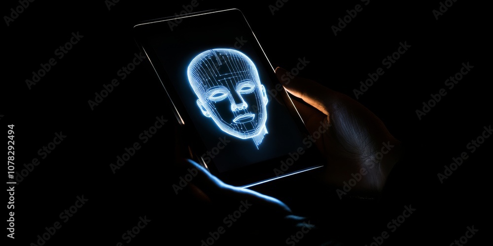 Poster hands hold a tablet showing a glowing head outline on a dark screen, representing the concept of art