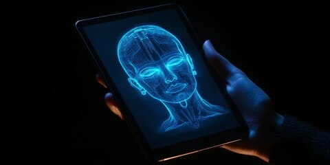 Hands hold a tablet showing a glowing head outline on a dark screen, representing the concept of artificial intelligence and robotics.