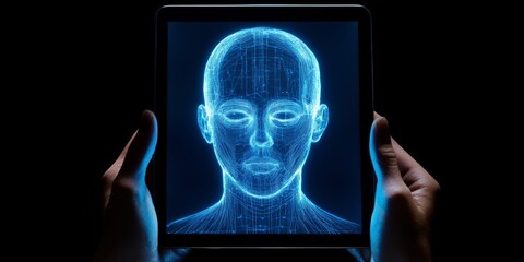 Hands hold a tablet showing a glowing head outline on a dark screen, representing the concept of artificial intelligence and robotics.