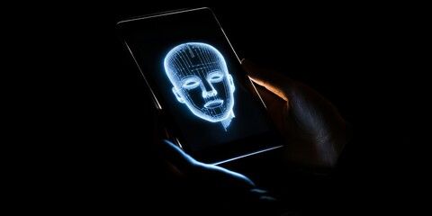 Hands hold a tablet showing a glowing head outline on a dark screen, representing the concept of artificial intelligence and robotics.