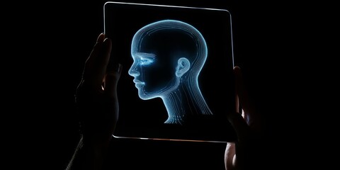 Hands hold a tablet showing a glowing head outline on a dark screen, representing the concept of artificial intelligence and robotics.
