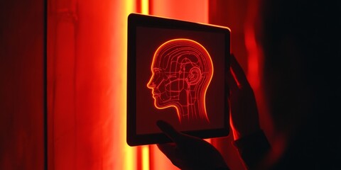 Hands hold a tablet showing a glowing head outline on a dark screen, representing the concept of artificial intelligence and robotics.