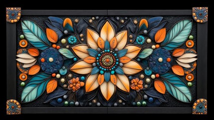Intricate Floral Art Teal Orange Black Leather Mosaic