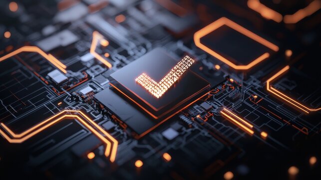 3D-rendered checkmark icon highlighted within a complex network, symbolizing validated connections in an interconnected digital system