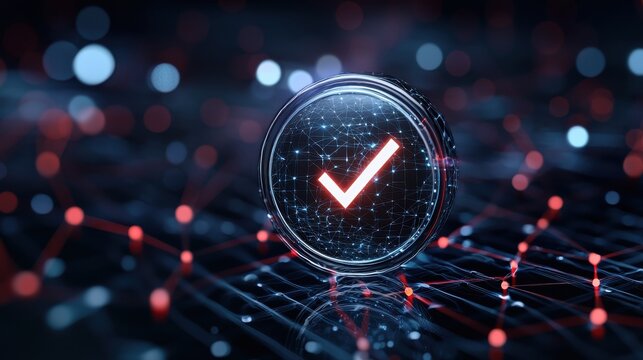 3D-rendered checkmark icon highlighted within a complex network, symbolizing validated connections in an interconnected digital system