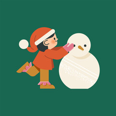 Elf in a costume is making a snowman. Cute character is Santas assistant in a red hat. Vintage vector flat style illustration.