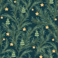 Christmas watercolor seamless pattern with spruce branches and stars, christmas tree toy  on a on dark green background.