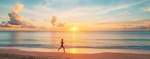 A person jogging along a beach at sunset, capturing a moment of leisure and fitness.