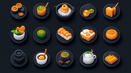 Gourmet Food Icons Isometric Asian Cuisine Illustration