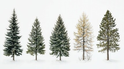 Fototapeta premium Five evergreen trees covered in snow stand against a soft white background, showcasing varying shades of green and a hint of yellow.