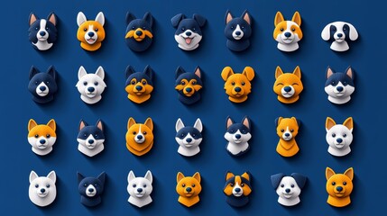 Obraz premium Cute Dog Breed Faces Shiba Inu Corgi Husky Border Collie Pattern