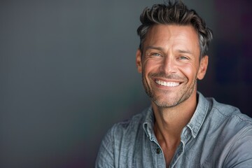 Obraz premium Smiling man in a casual shirt poses against a simple background, showcasing happiness and confidence during a relaxed moment