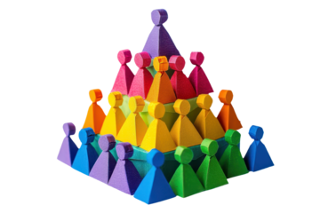 Colorful paper figures stacked in a pyramid, symbolizing teamwork and unity.