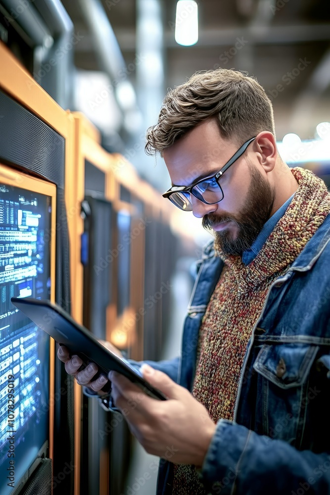 Poster data center security, it engineer monitoring supercomputer servers, enterprise cloud technology