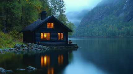 Fototapeta premium A cozy cabin sits on the edge of a tranquil lake in the forest, with warm light glowing from the windows.