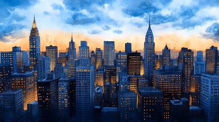 Fototapeta premium Cityscape Sunset Urban Skyline Buildings Dusk Watercolor Painting