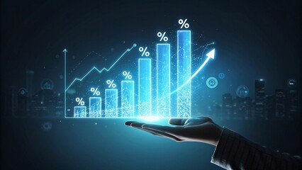 Holographic Financial Chart Glowing Blue Data Visualization Hovering Over Outstretched Hand, Representing Corporate Finance, Stock Analysis V6
