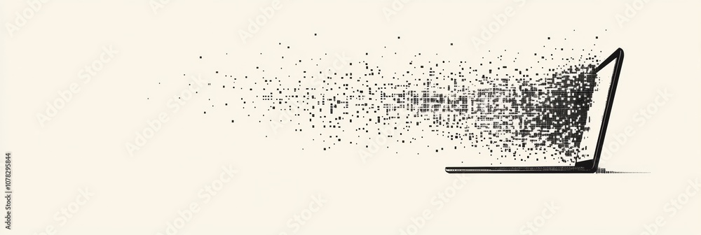 Poster the laptop displays pixel elements gradually dispersing, creating an abstract digital effect in a co