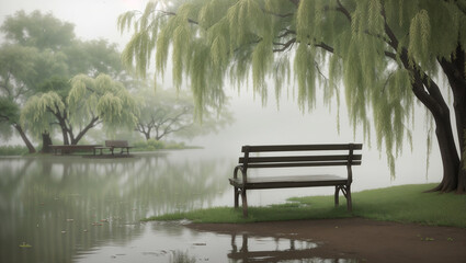 Fototapeta premium A park bench by a misty lake, with weeping willows overhead. Peaceful scene.