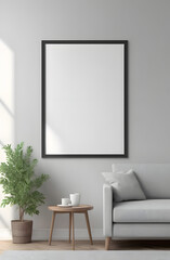 Frame mockup, ISO A paper size. Living room wall poster mockup. Interior mockup with house background. Modern interior design. 3D render