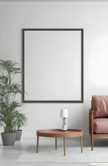Frame mockup, ISO A paper size. Living room wall poster mockup. Interior mockup with house background. Modern interior design. 3D render