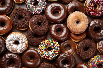 Chocolate Doughnuts. Assorted Glazed Pastry Donuts Background in Various Flavors