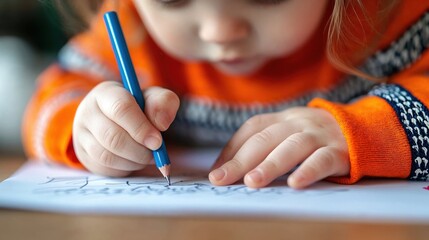A young child focused on writing with a blue pencil, capturing the innocence and concentration of early learning moments, dressed in a vibrant orange sweater