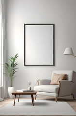 Frame mockup, ISO A paper size. Living room wall poster mockup. Interior mockup with house background. Modern interior design. 3D render
