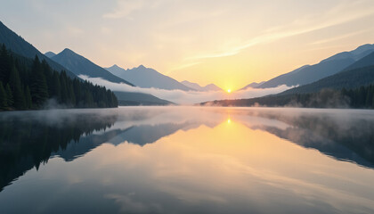 Obraz premium Serene Sunrise over Misty Mountain Lake