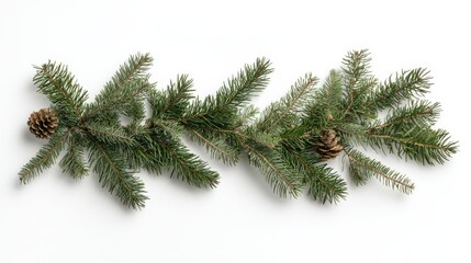 Close-up of Christmas tree garland with pine and fir branches arranged on a plain white background, symbolizing holiday warmth and simplicity.