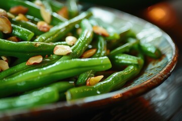 Cooked Green Beans with Almond in Homemade Sauteed Dish