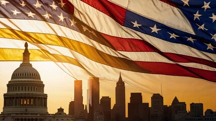Patriotic Sunset Over the Capitol Building, Washington D.C., with the American Flag Billowing Against Majestic Neoclassical Architecture V4