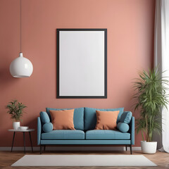 Frame mockup, ISO A paper size. Living room wall poster mockup. Interior mockup with house background. Modern interior design. 3D render