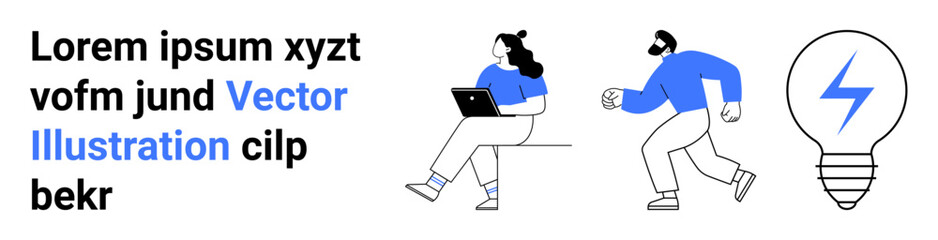 Lorem ipsum text, woman with laptop, running man, glowing light bulb icon, blue and white color palette. Ideal for tech, innovation, productivity, digital projects, work dynamics, motivation