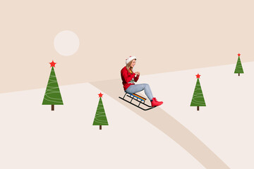 Collage picture of cheerful funky girl sitting sleigh having fun enjoying snowy weather isolated on...