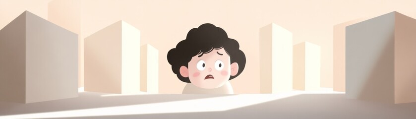 A worried child stands amidst towering structures in a surreal landscape.