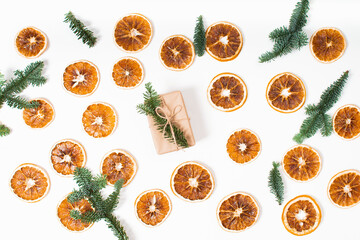 Holiday gift in craft paper with decoration. Flat lay. Christmas