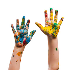 Children's hands covered in colorful paint showcasing fun and creative play, Cutout, Isolated on White Background